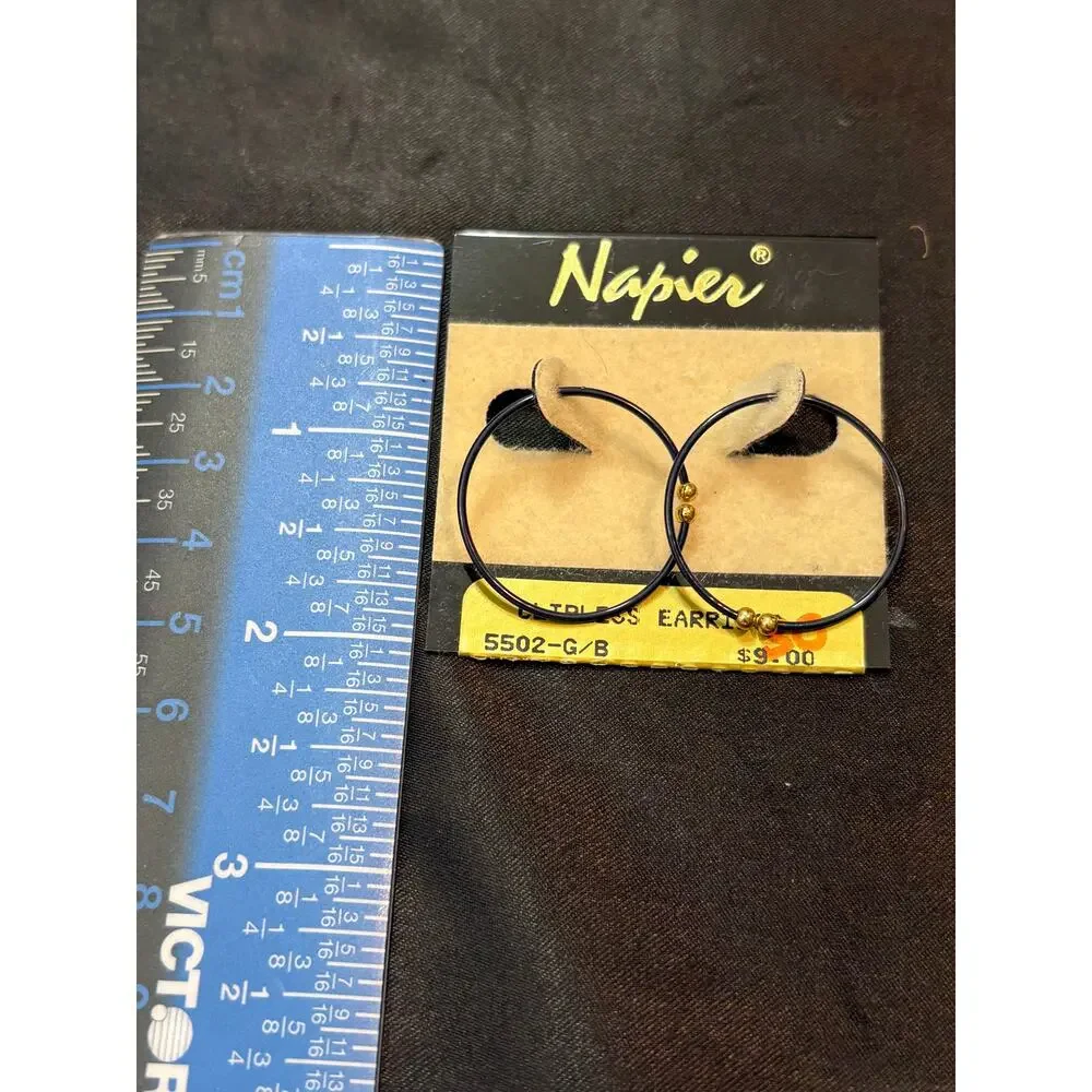 Vintage Napier CLIPLESS Black Hoop Earrings Gold Bead Accents 1980s 1990s